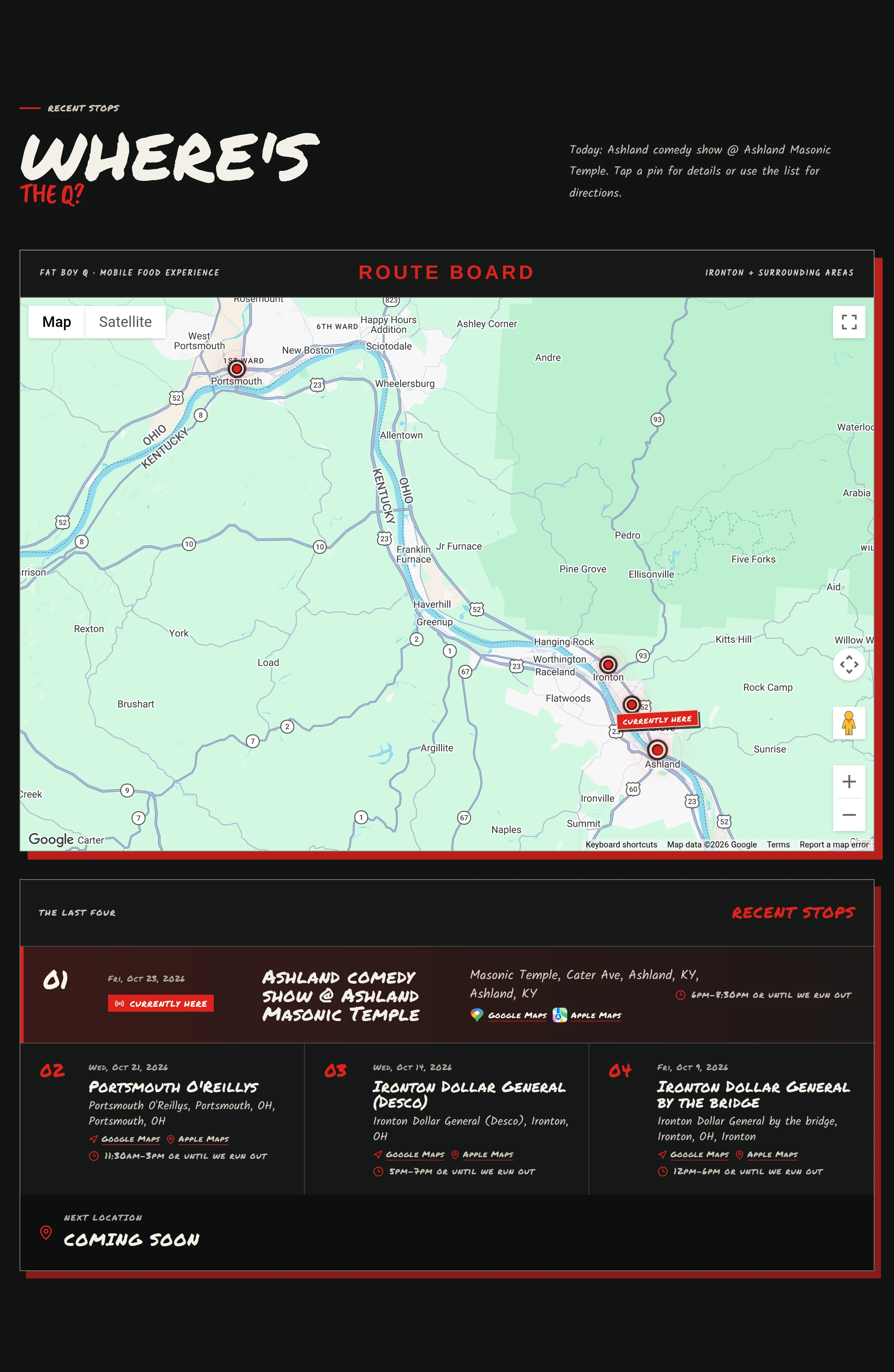 Fat Boy Q Route Board showing a current location map marker and all four recent stops with dates, hours, and Google Maps and Apple Maps links