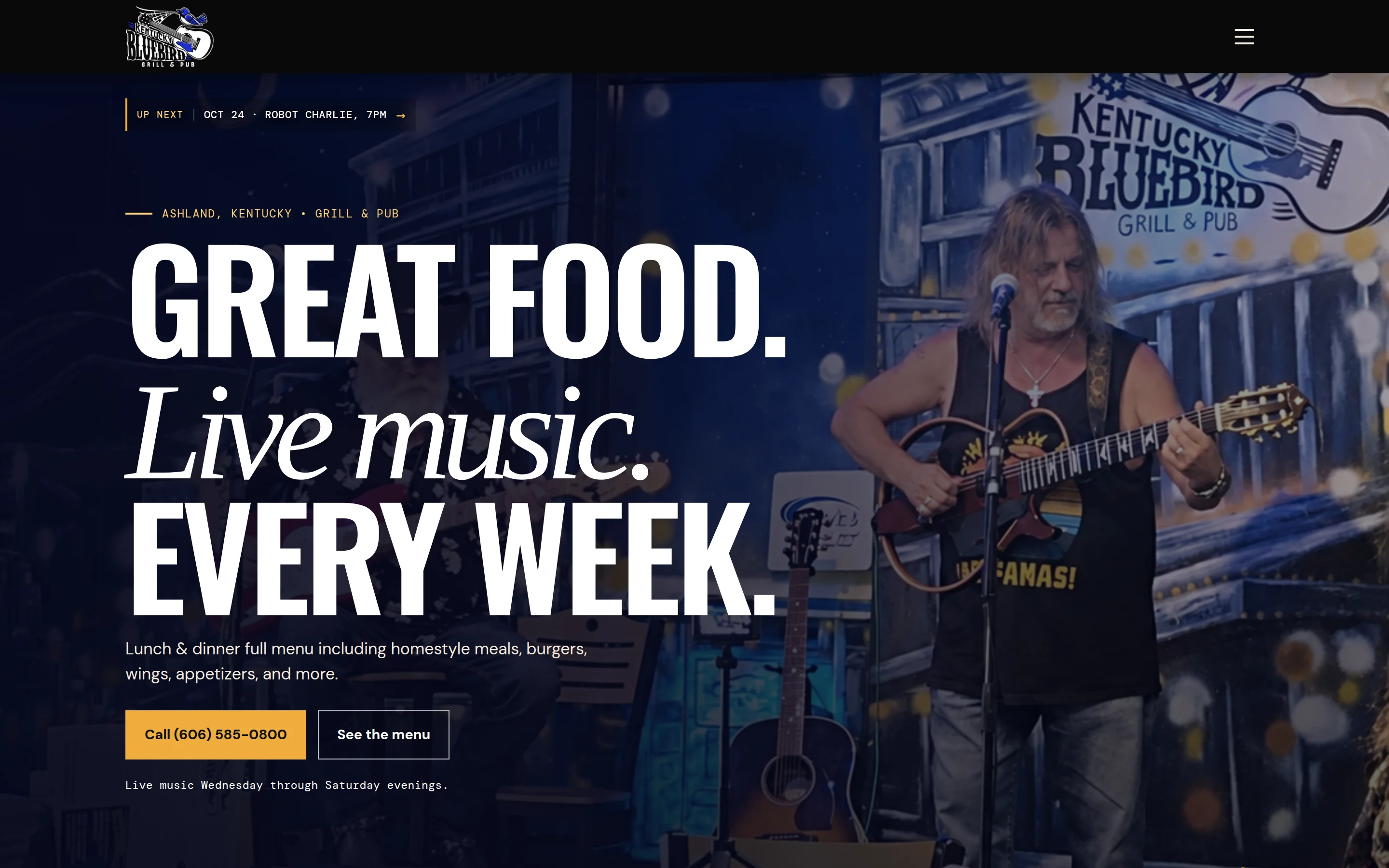 Homepage preview of the Kentucky Bluebird Grill & Pub demo concept