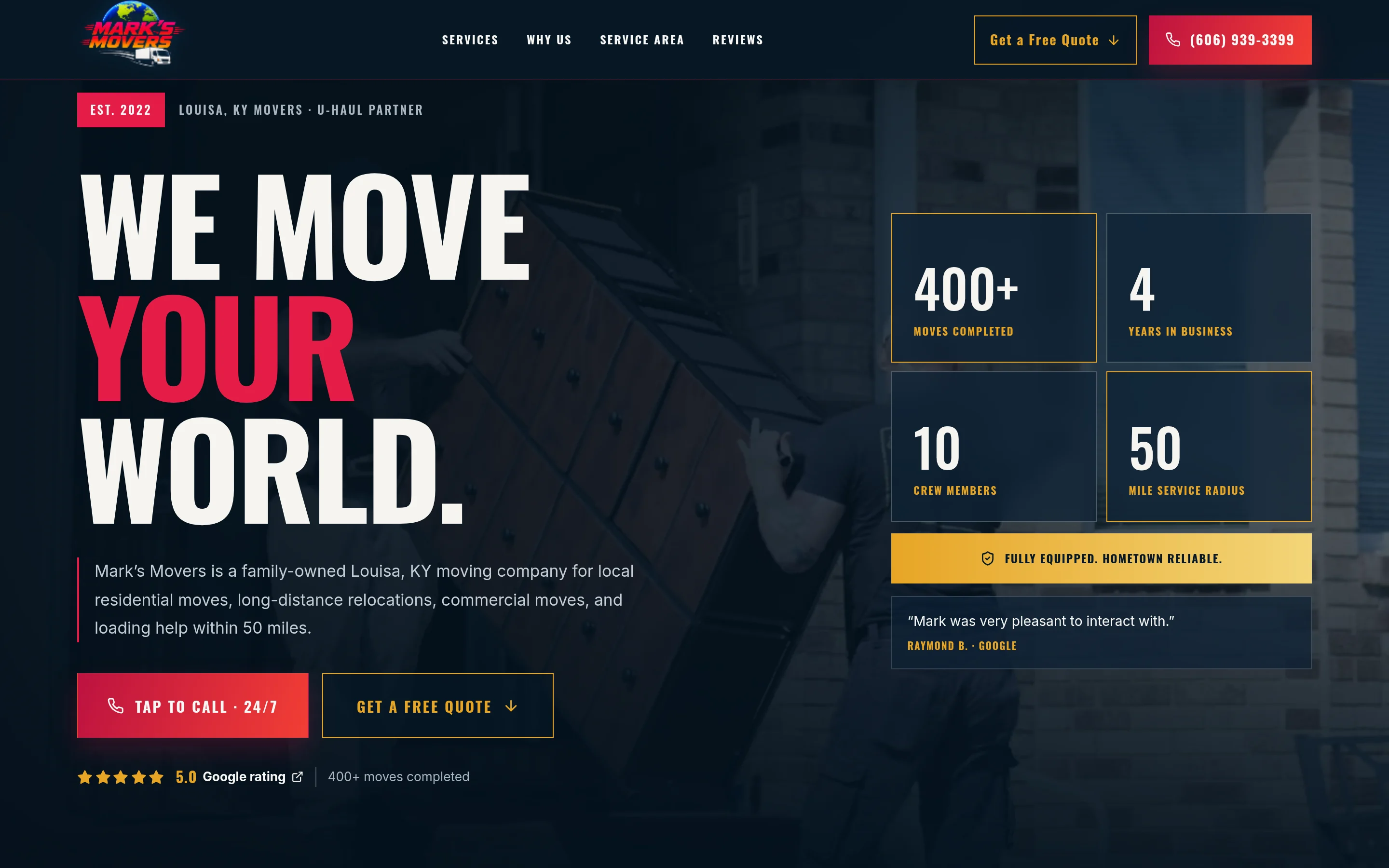 Mark’s Movers homepage hero with logo, navigation, headline, four statistics, review, call button, and quote button