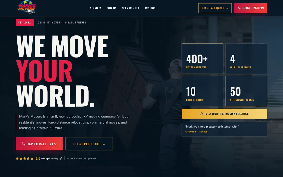Homepage preview of the Mark’s Movers website