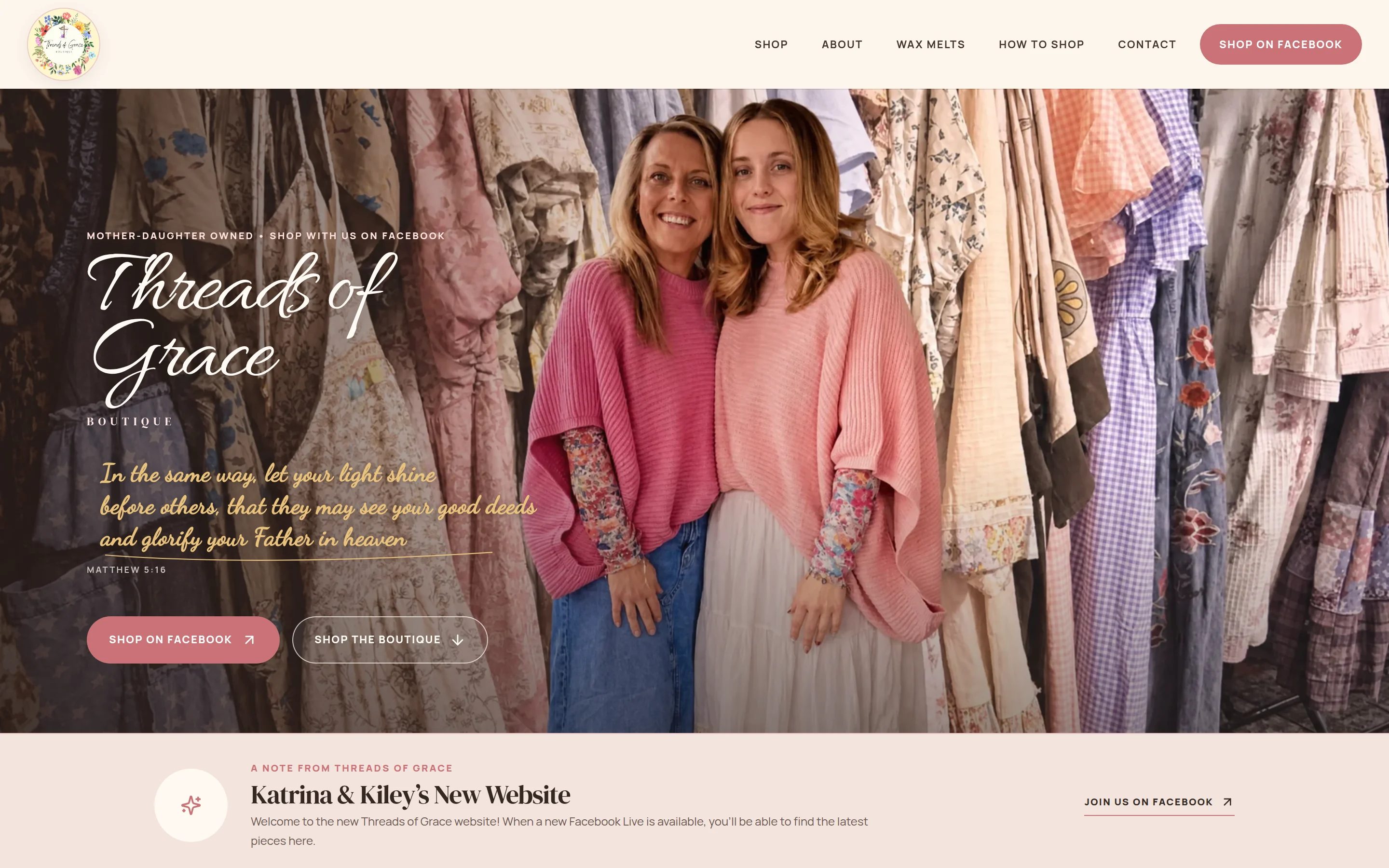 Homepage preview for Threads of Grace Boutique showing its boutique storefront design