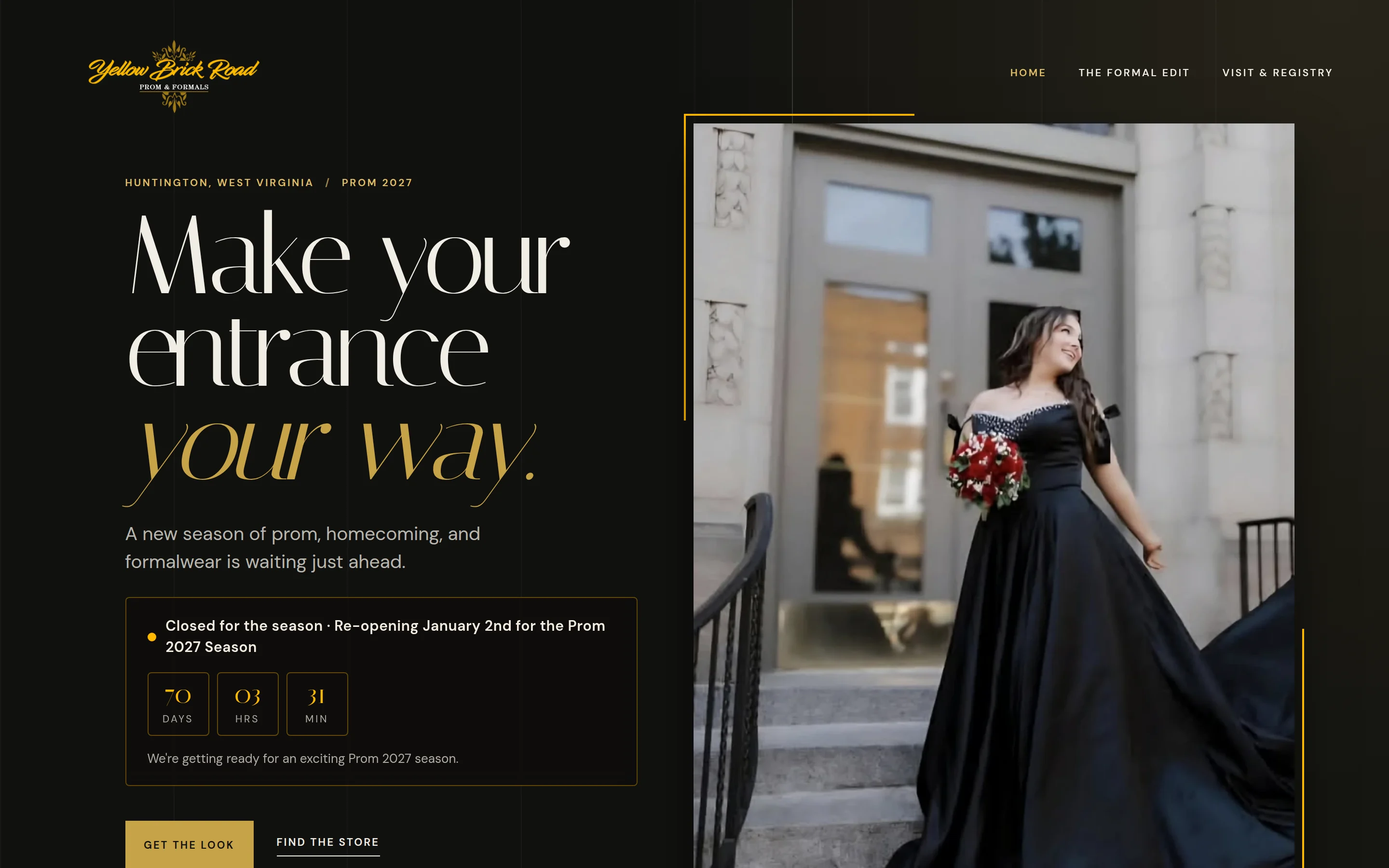 Homepage preview of the Yellow Brick Road Prom & Formals demo concept